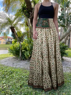 Women's Skirt Beige Green Leaf printed Long Skirt Patchwork Boho Skirts S/M