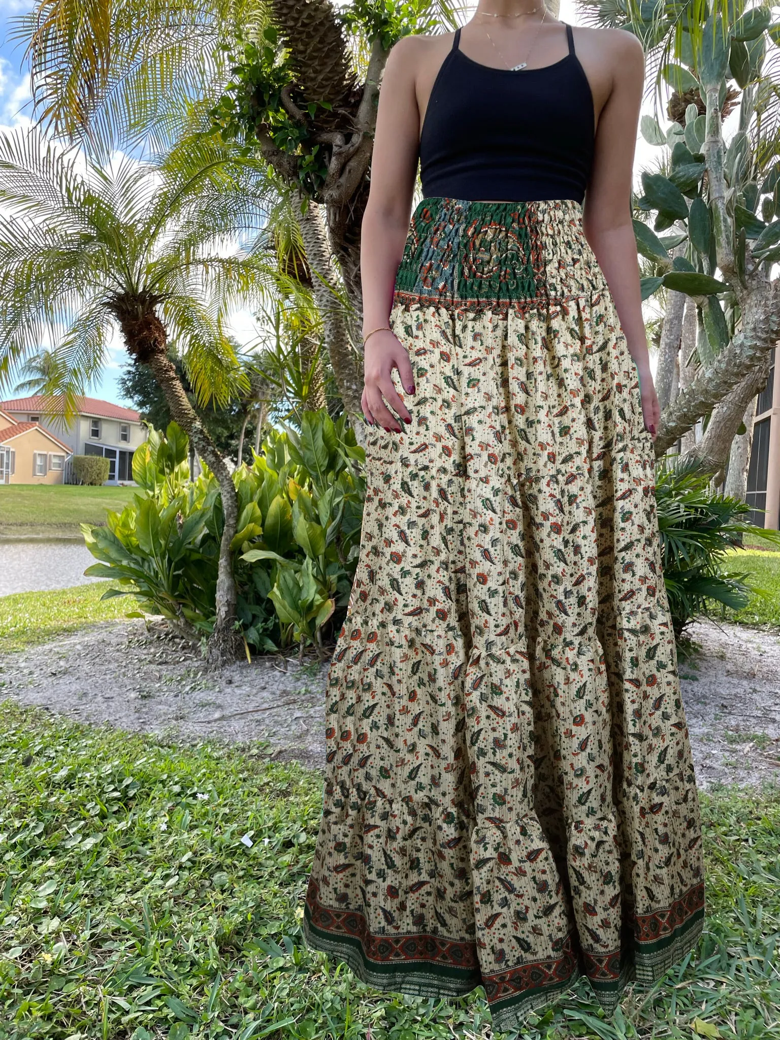 Women's Skirt Beige Green Leaf printed Long Skirt Patchwork Boho Skirts S/M
