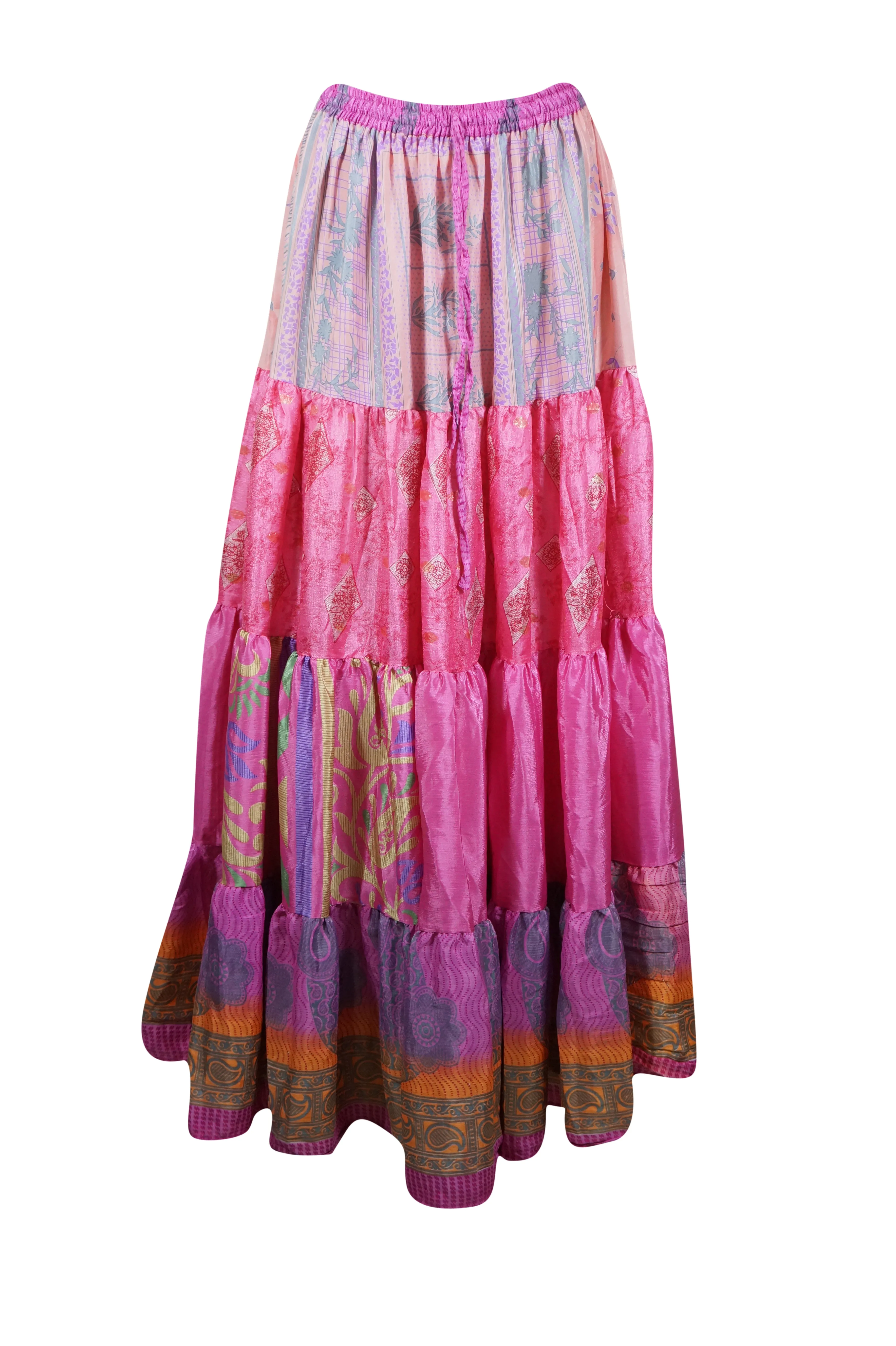 Women's Skirt  Hot Pink Floral Long Skirt Patchwork Boho Skirts S/M