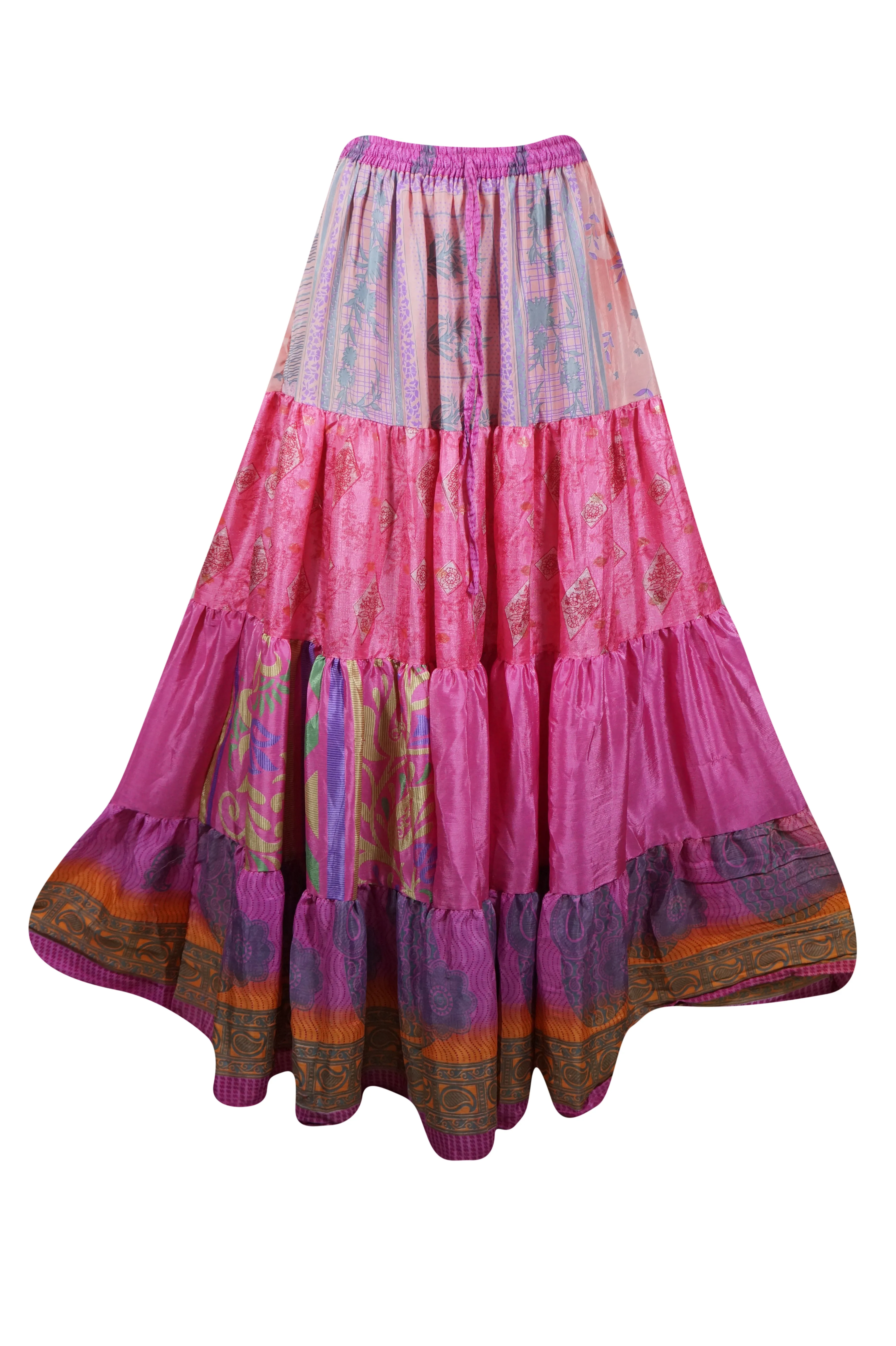 Women's Skirt  Hot Pink Floral Long Skirt Patchwork Boho Skirts S/M