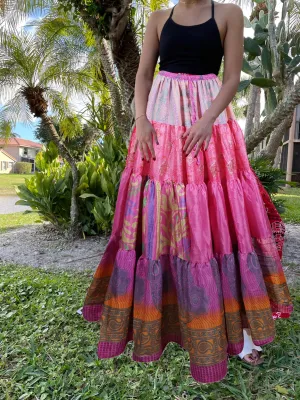 Women's Skirt  Hot Pink Floral Long Skirt Patchwork Boho Skirts S/M