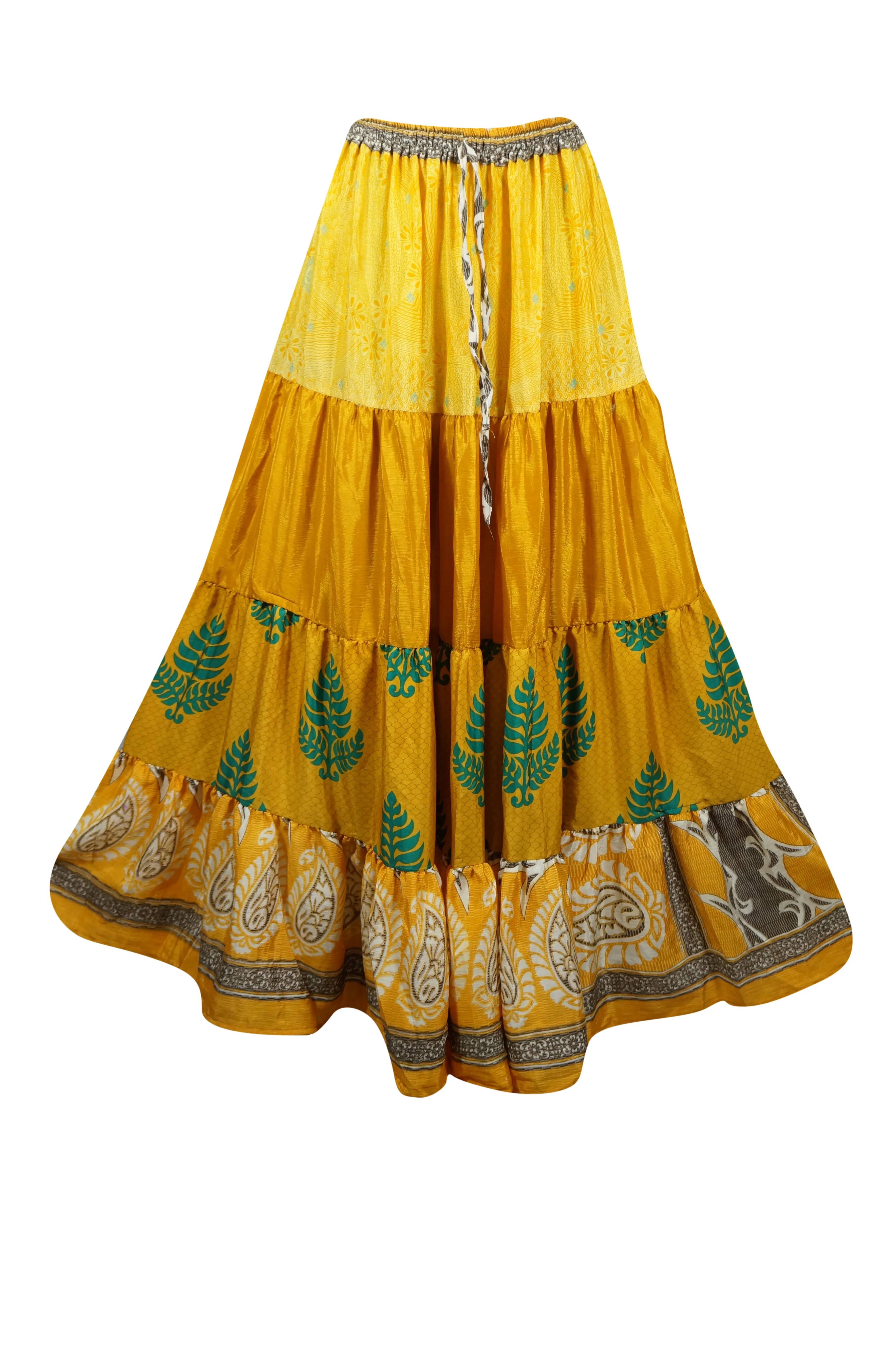 Women's Skirt Mustard Yellow  Floral Patchwork Boho Maxi Skirt Beach Style S/M