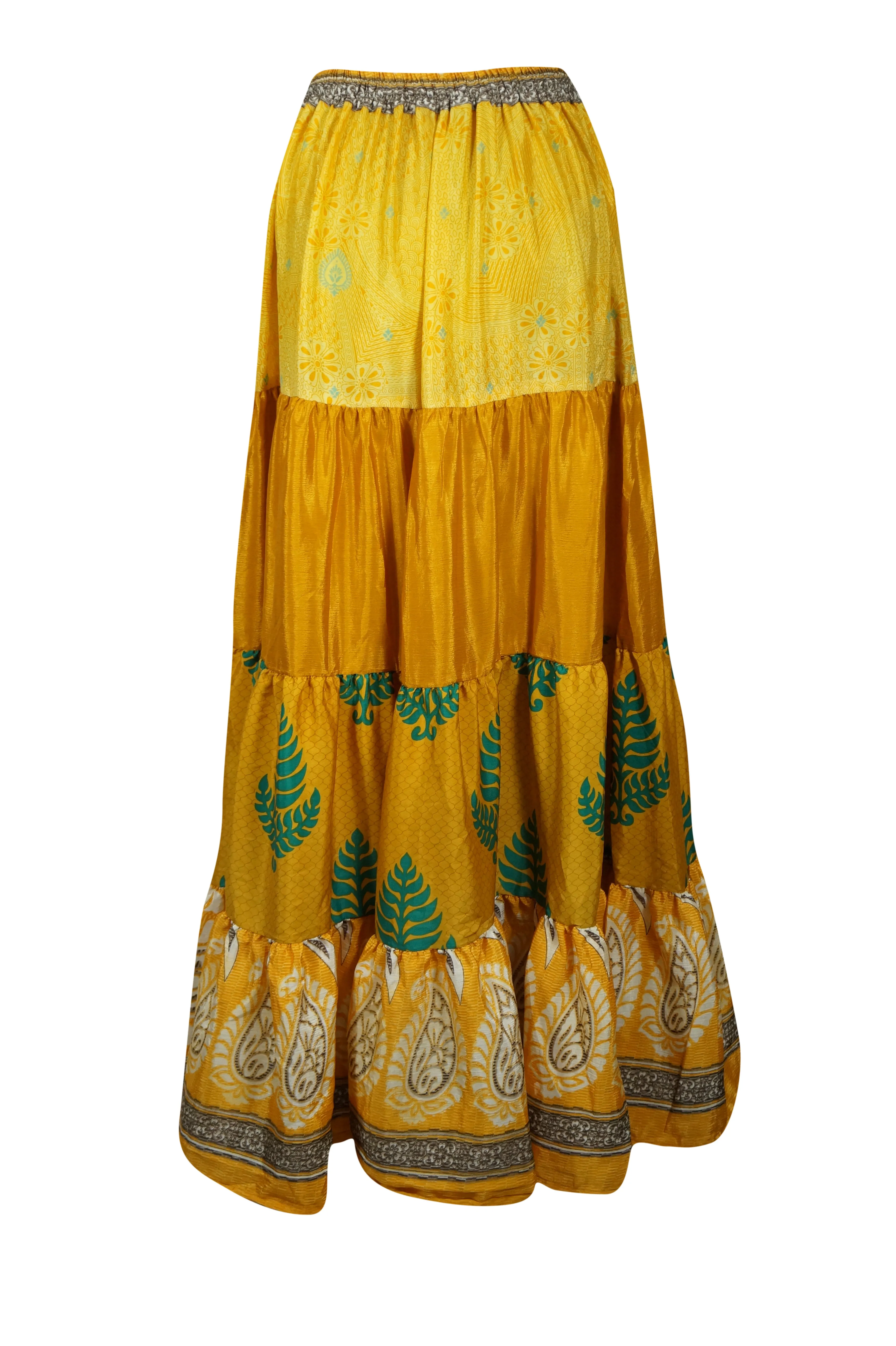 Women's Skirt Mustard Yellow  Floral Patchwork Boho Maxi Skirt Beach Style S/M