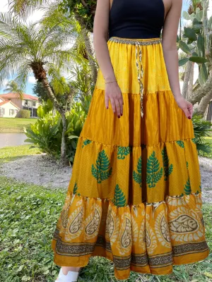 Women's Skirt Mustard Yellow  Floral Patchwork Boho Maxi Skirt Beach Style S/M
