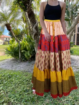 Women's Skirt Red Pink Floral Patchwork Boho Maxi Skirt Beach Style S/M