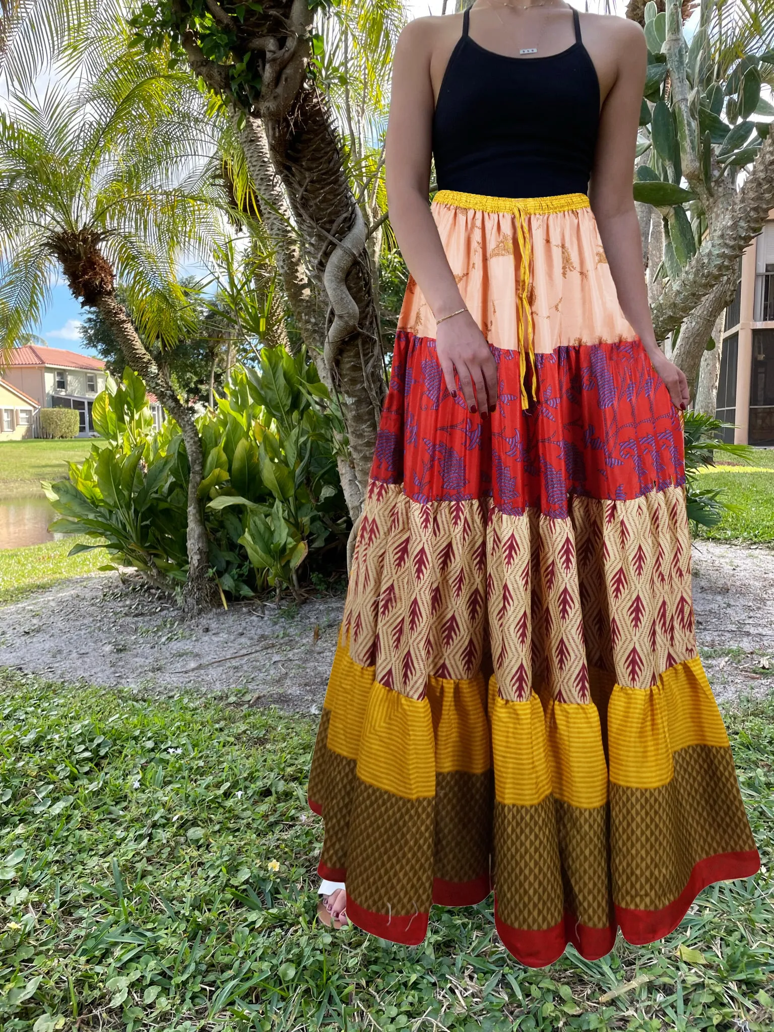 Women's Skirt Red Pink Floral Patchwork Boho Maxi Skirt Beach Style S/M