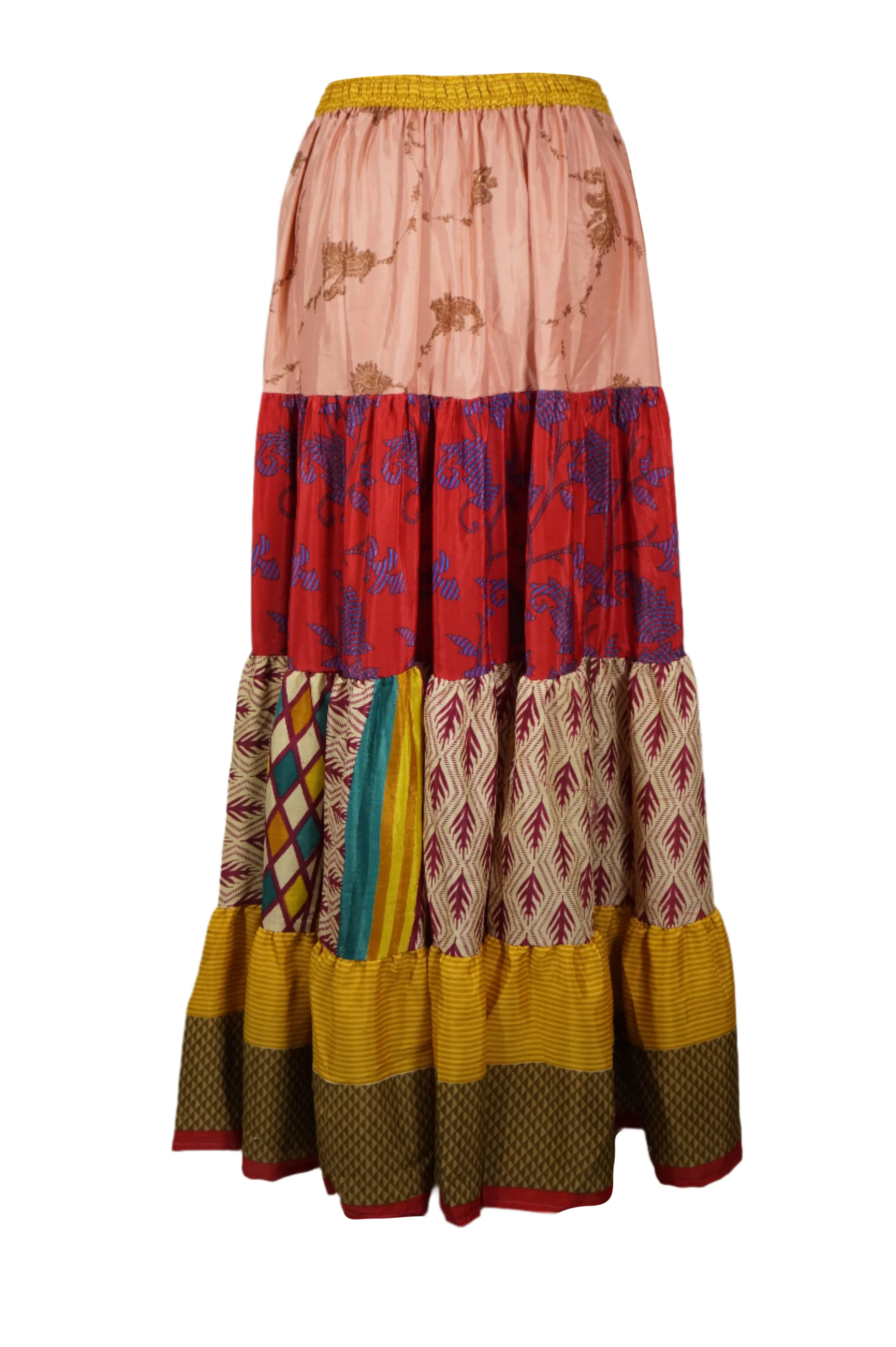 Women's Skirt Red Pink Floral Patchwork Boho Maxi Skirt Beach Style S/M