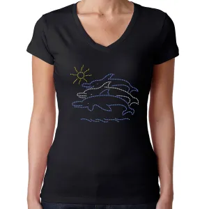 Womens T-Shirt Bling Black Fitted Tee Swimming Dophins Beach
