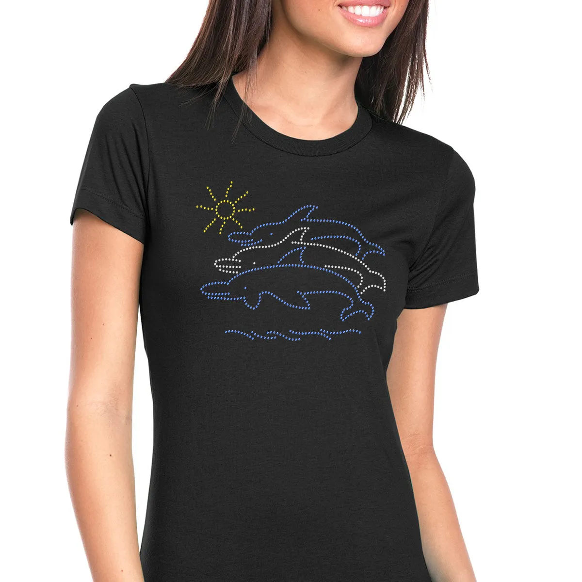 Womens T-Shirt Bling Black Fitted Tee Swimming Dophins Beach