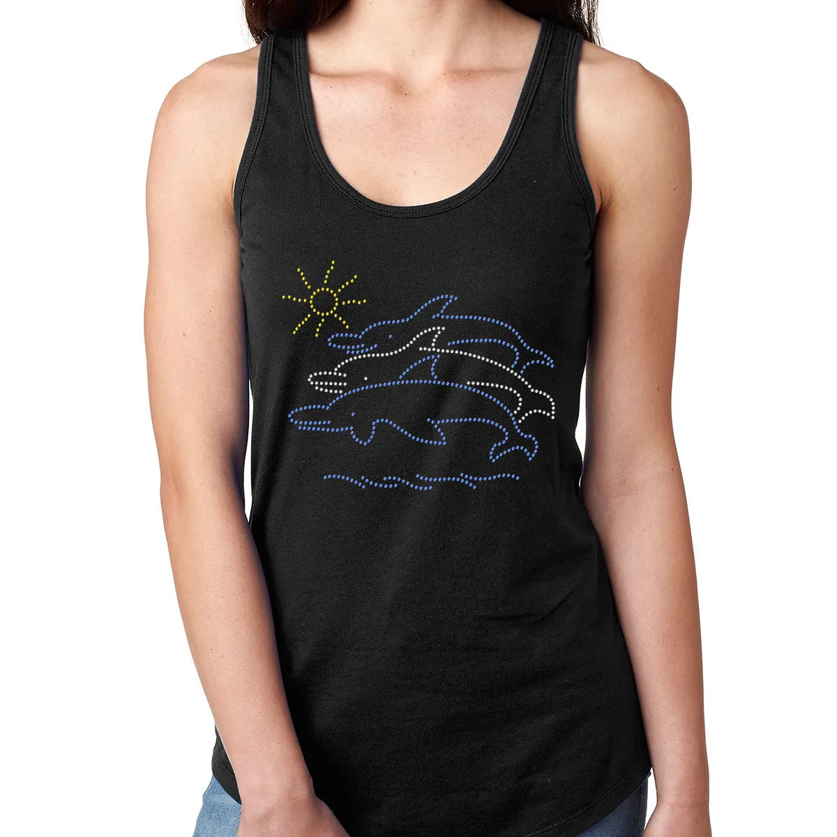 Womens T-Shirt Bling Black Fitted Tee Swimming Dophins Beach